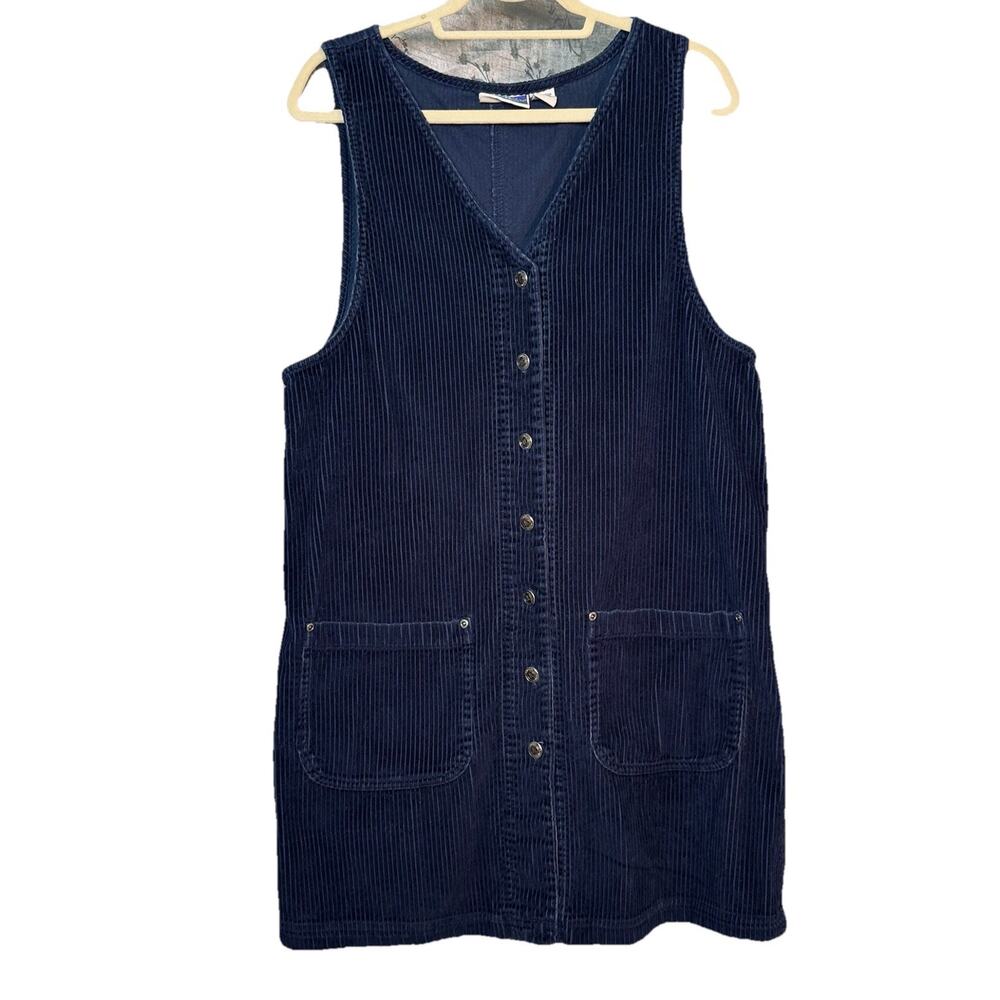 Vtg 90s NorthCrest LG Navy Blue Wide Wale Corduroy Jumper Button Dress‎ Pockets